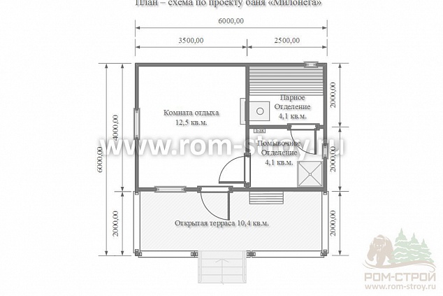 План-схема бани с террасой 2 метра